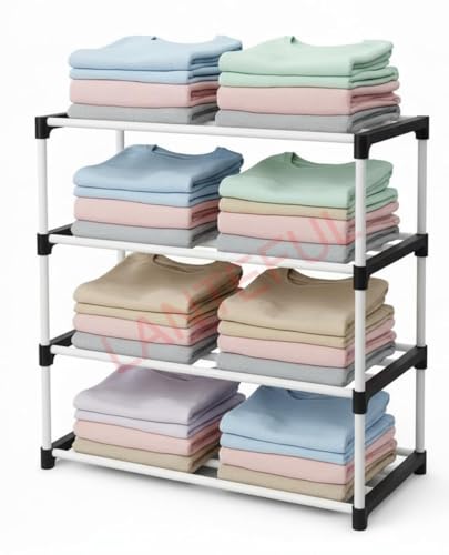 Image of 4 Tier Plastic Shelf Organizer for Wardrobe, Adjustable Almirah Divider for Clothes Storage, Multipurpose Cupboard Rack,Multi use Bookshelf,Collapsible Wardrobe,Kids Rack Cabinet Children stand