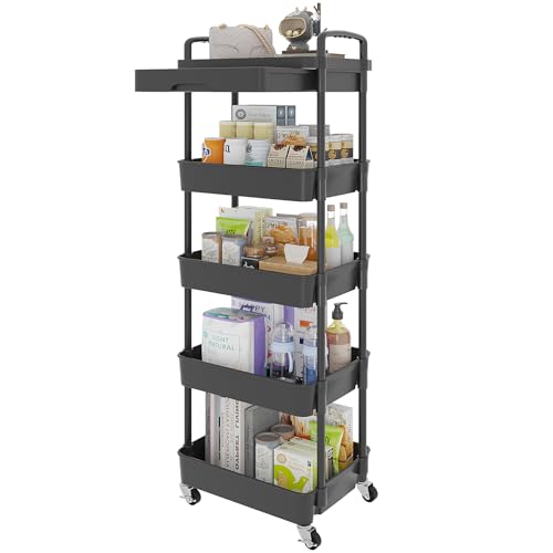 Image of Calmootey 5-Tier Rolling Utility Cart with Drawer,Multifunctional Storage Organizer with Plastic Shelf & Metal Wheels,Storage Cart for Kitchen,Bathroom,Living Room,Office,Black