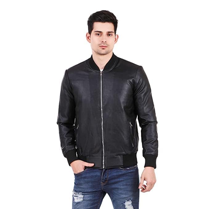 Men’s & Boys Formal Fitting Faux Leather Jacket Black Chinese Rib Collar