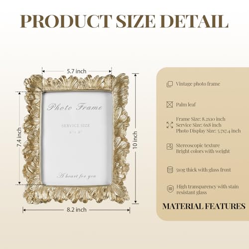6x8 Picture Frame Vintage Gold Frames, Gold Palm Leaves Textured Hand-Crafted Resin Frames with Glass Front, Elegant Retro Decorative Photo Frame for Wall and Tabletop Display Home Decor