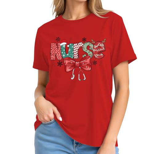 Image of 4th of July Nurse Bow Shirts Women-Cute Patriotic Nurse Bow Short Sleeve American Flag Bowknot Tee Tops