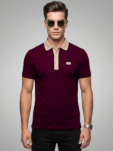 Image of Veirdo Men's Polo T-Shirt Regular Fit, Half Sleeve Contrast Collar Tee, Solid Color Summer Wear, Comfortable Travel, Casual & Office Styling (Sizes S-2XL)