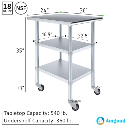 Image of AmGood Stainless Steel Work Table with 2 Shelves and Casters (Stainless Steel Work Table with 2 Shelves + Casters, 24 inch Long x 30 inch Deep)