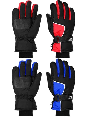 SATINIOR 2 Pairs Kids Waterproof Winter Snow Gloves Ski Gloves for Boy Girl Outdoor Warm Thickening Snowboard(Bright Red, Blue,6-10 Years)