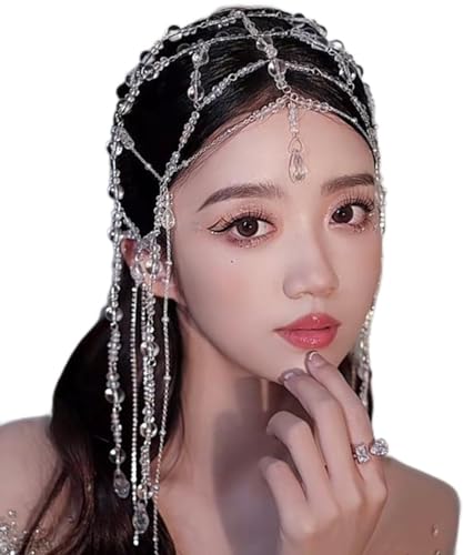 Xerling Transparent Crystal Beads Tassel Cap Headpiece 1920s Flapper Layered Head Chains Wedding Bridal Head Jewelry Cleopatra Hair Accessories for Women