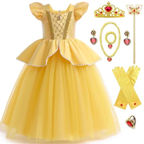 Cnexmin - Disfraz de princesa y accesorios, disfraz de princesa para Halloween, Navidad, fiesta, cumpleaños, ceremonia, fiesta, carnaval, cosplay, vestido, 2-8 años, amarillo, 150 cm