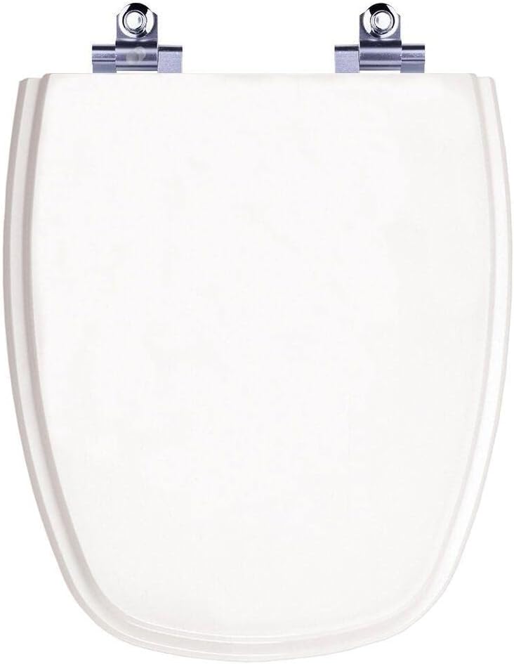 Top view of the white soft close toilet seat with chrome hinges