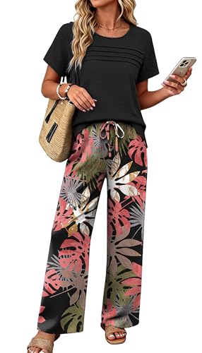 OFEEFAN Women's 2 Piece Outfits Summer Linen Wide Leg Hawaiian Pants Matching Lounge Sets Travel Vacation Airport Resort Wear Short Sleeve Loungewear Fashion Suits Going Out Clothing Boho Black XL