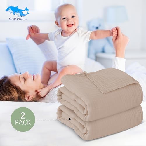 Image of SWEET DOLPHIN Muslin Baby Bath Towels Blanket - 2 Pack 100% Cotton Towel for Babies, Infants, Toddlers - 40x40Inch - Highly Absorbent, Brown