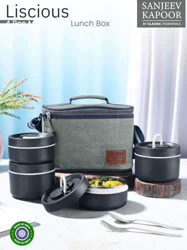 Image of Sanjeev Kapoor By Classic Essentials Luscious Microwave Friendly Leakproof Insulated Tiffin Set with Bag & Cutlery | 2x400ml + 2x600ml Containers (2000ml) | Thermoware Lunch Box | Blue