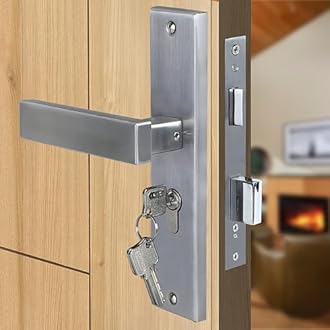 Blue Space Premium 8" Cylindrical Plate Mortise Door Lock Handle Set/Mortise Lock with Brass Lock Body and One Side Key 60mm Brass Cylinder Set with 3 Brass Computer Keys (LB1007, Matt Satin)