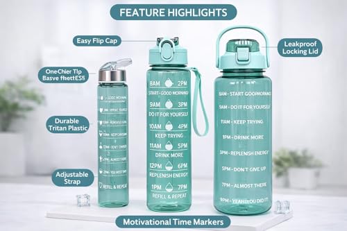 Image of Motivational Water Bottle with Time Marker, BPA Free Reusable Fitness Water Bottle, Leakproof Large Capacity Sports Bottle with Handle for Gym, Yoga, Outdoor