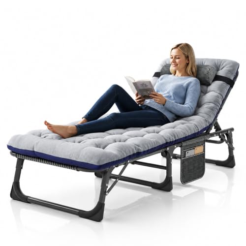 Image of ABORON Patio Lounge Chair, Adjustable Folding Chaise Chair, Max 450LB Load | 5-Gear Adjustable, Zero-Assemble, 75in Length, With Cotton Pad, Side Pocket, for Home, Garden, Beach, Office, Camping