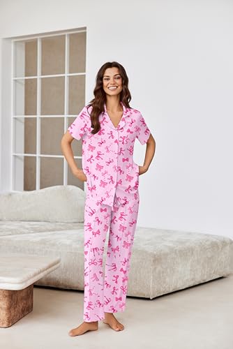 Image of Ekouaer Pajamas for Women Set Button Up Short Sleeve Pjs Sets With Pockets | Soft Womens Sleepwear,V Neck,Notch Collar,2 Piece Classic Loungewear With Long Pant for Sleep,Lounge,Fall