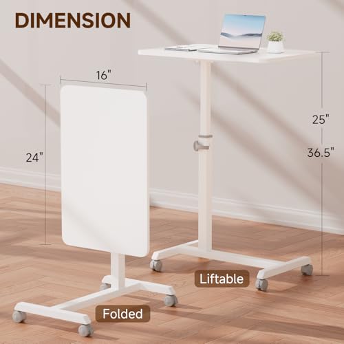 Image of GTPLAYER Small Standing Desk, 24 Inches Foldable Mobile Rolling Laptop PC Table with Lockable Casters, Adjustable Height Overbed Bedside Table Computer Workstation for Home Office, White-Foldable