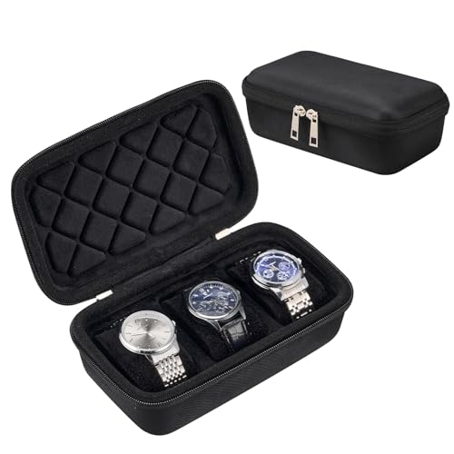 ProCase Estuche para Relojes de Viaje, Funda Rígida Joya Caja Multi Compartimentos para Accesorios de Reloj Pulseras Bolsa Organizadora Joyero con Cremallera Regalo de Mujer Hombre  3 Ranuras, Negro