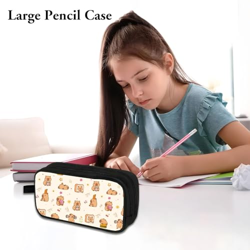Image of WOBAGMEN Double Layer Pencil Case with Handle Large Pencil Bag Cute Print Pencil Pouch for Boys Girls (Capybara Bread)