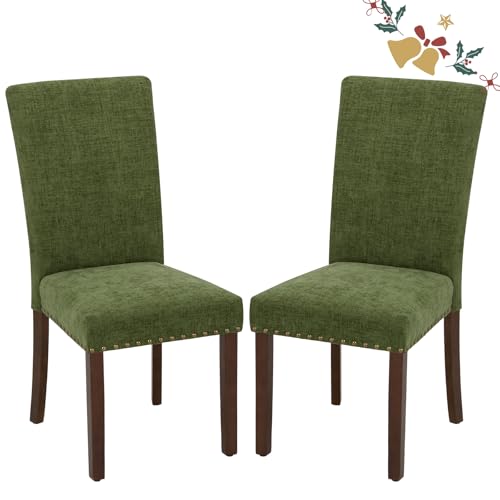 Image of Parsons Dining Chairs Set of 2, Upholstered Nailhead Dining Room Kitchen Side Chair with Thick Cushions and Wood Legs, Green