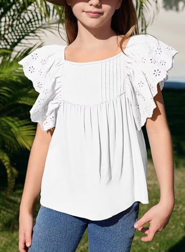 Girls Summer Ruffle Short Sleeve Shirts Tops Casual Pleated Square Neck Blouse 6-15 Years2