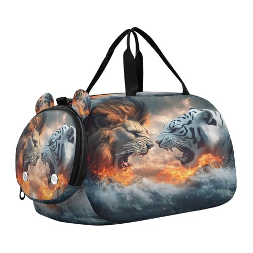 Gym Travel Duffle Bag for Boys Girls Lion and Tiger Sports Dance Bag with Shoe Compartment & Wet Pocket Football Kids Travel Bag Teens Sleepover Carry