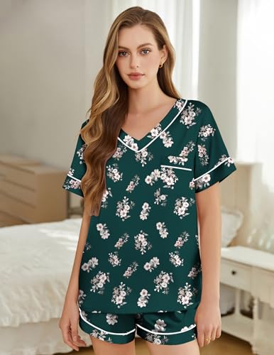 Image of Silk Pajamas for Women Short Sleeve Satin 2 Piece Pj Set Soft V Neck Sleepwear Loungewear, S-XXL