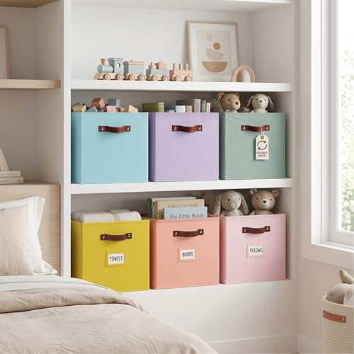 Image of DECOMOMO Storage Bins, Cube Storage Bin with Labels, Fabric Storage Cubes for Shelves (10.5 inch x 11 inch / 6pcs, Rainbow)