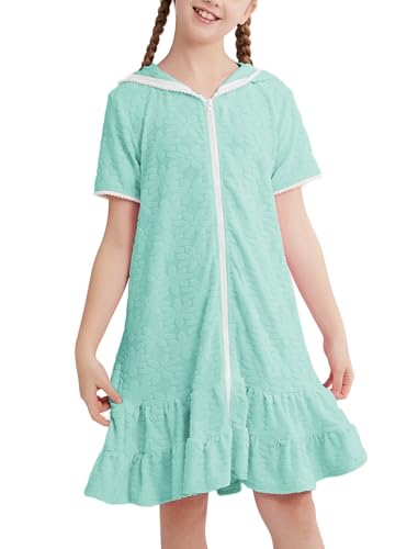 Weixinbuy Girls Swim Cover Up Kids Swimsuit Terry Zip Up Swimwear Hoodie Dress Wraps Beach Bathing Suit 3-13 Years