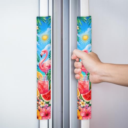 Image of Refrigerator Door Handle Covers Set of 2 Summer Flamingo Beach Washable Fridge Dishwasher Mocrowave Oven Stove Decor Protector Handle Cover Keep Kitchen Appliance Clean from Food Stains Decorate