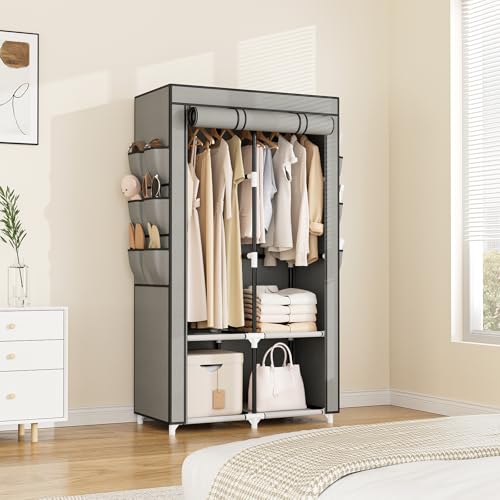 Vicye Tragbarer Kleiderschrank Stoffschrank für Hängende Kleidung mit 4 Ablagen, 2 Kleiderstangen und 6 Taschen, Stabil und Leicht Aufzubauen, Schrank mit Abdeckung für das Schlafzimmer, Grau