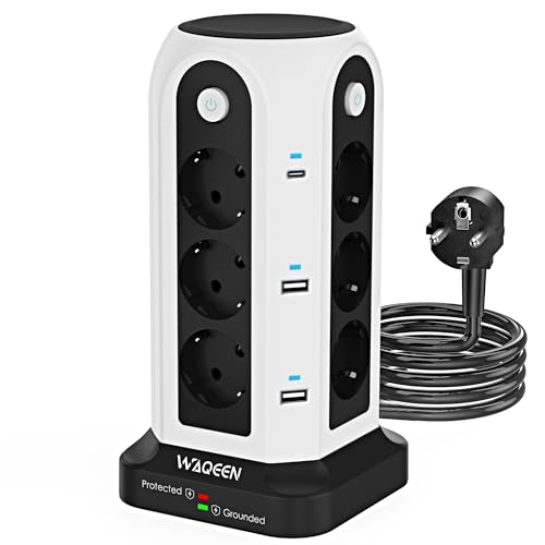 WAQEEN Mehrfachsteckdose mit 12 AC Steckdosen, 2 USB-C & 4 USB-A, 4 Schaltern, Überspannungsschutz, 2 m Kabel, feuerfestem Material, Steckdosenturm ideal für Büro, Küche & Zuhause – Weiß/Schwarz