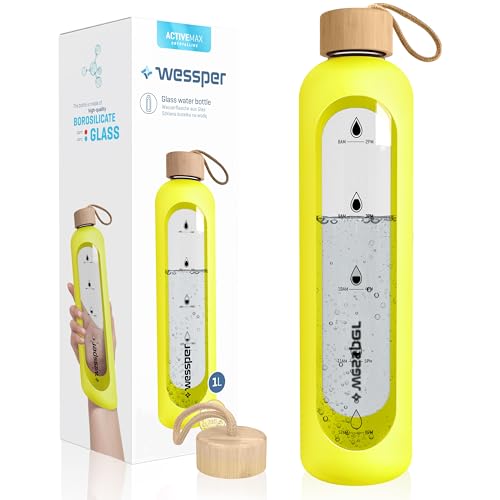 Wessper Borraccia in vetro borosilicato con indicazione del tempo, 1 l, ermetica con coperchio in bambù, 1 l, riutilizzabile, con custodia in silicone, giolla