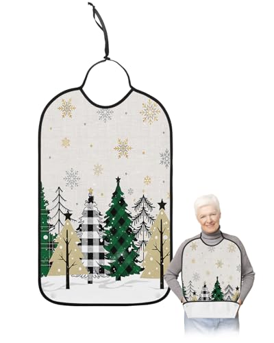Adult Bibs for Elderly Women - Christmas Tree Waterproof Dining Clothing Protectors with Crumb Catcher for Eating/Feeding, Green Beige Black Xmas Tree Winter Snowflake Terry Cloth Bib Machine Washable