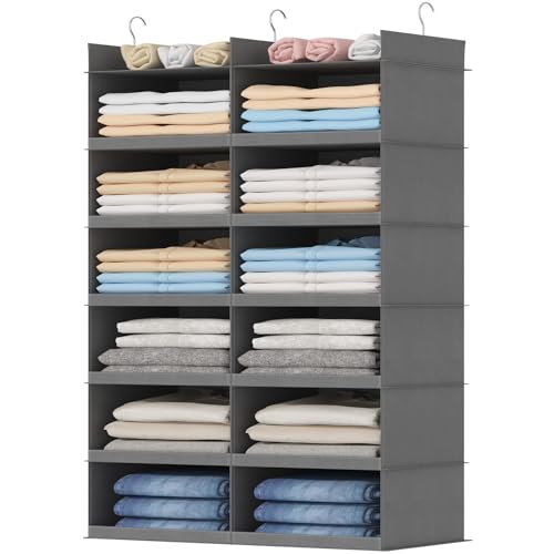 Lifewit Dual-Row 6 Tier Hanging Closet Organizer and Storage, Wide Clothes Storage Shelves with 3 Sturdy Hooks for Clothing Organization, Large Foldable Sweater Shelf for Bedroom, 12 Sections, Grey