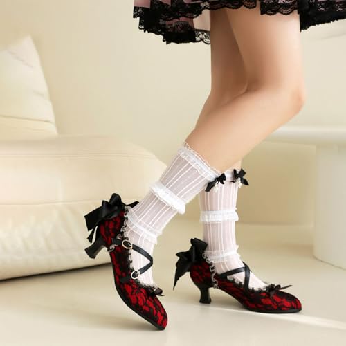 Bellirala Lace Flower Victorian Shoes for Women Vintage Kitten Heels Mary Janes Bow Pumps Mid Heeled Rockabilly Cosplay Witch Shoes4