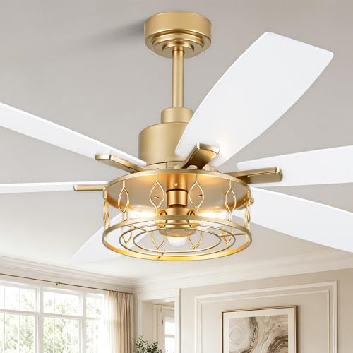 Image of Dawn Whisper 60 Inch Ceiling Fans with Lights White and Gold Farmhouse Ceiling Fan for Bedroom Living Room Quiet and Reversible DC Motor Caged Chandelier Fan