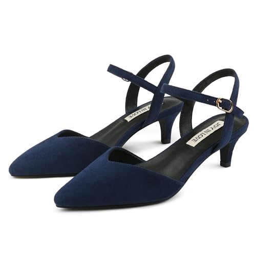 Image of JOY IN LOVE Women's Pointed Toe Kitten Heel Pumps, Ankle Strap Low Heel Work Dress Shoes