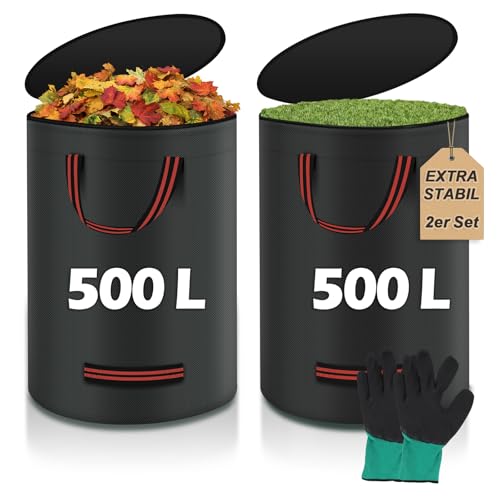 Miaglury 2X 500L Gartensack Laubsack Gartenabfallsack Stabil mit Deckel inkl. Handschuh - Groß & Reißfest & Wasserdicht Laubsäcke Gartensäcke für Gartenabfälle und Kommunen Gras Laub Hecke Schwarz