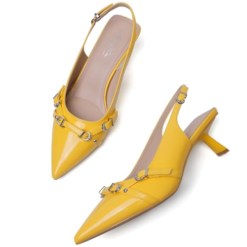 Image of Mostrin Kitten Heels for Women Pointed Toe Pumps Patent Leather Low Heel Slingback Heels with Buckle Dress Shoes for Dating Party Working
