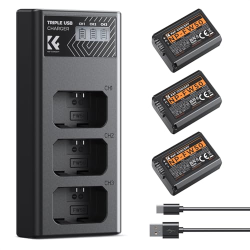 K&F CONCEPT NP-FW50 1100mAh Akku (3er-Pack) und DREI-Slot LCD Ladegerät Kit für Sony ZV-E10 Alpha A6000 A6300 A6400 A6500 A5000 A5100 a7 a7II a7R a7RII a7S a7SII
