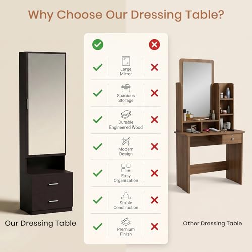 Image of FURNIFLIX Engineered Wood Dressing Table with Drawers and Door Storage Wooden Mirror Vanity Furniture for Bedroom Home Living Room - Black Wenge Finish