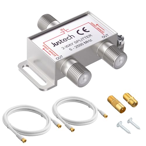 Justech SAT-Verteiler 2-Fach Splitter 2-Wege Verteiler TV Radio F-Stecker Adapter TV Fernseh Adapter mit 2x 1.5m Kabel + 1x F Stecker auf Koax Stecker + 1x F Buchse auf Koax Kupplung