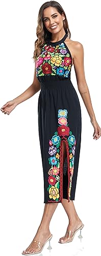 Image of Womens Mexican Floral Embroidered Halter Maxi Dress Side Slit Boho Dress
