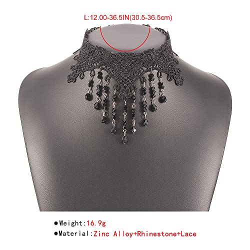 Asphire Gothic Lace Choker Necklace Black Crystal Tassel Collar Necklace Sexy Women's Costume Party Vintage Thick Choker (A) #TOP2
