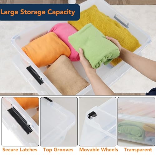 Image of Clear Heavy Duty Transparent Under Bed Bulk Storage Container with Lids, 35 Litre, Dustproof, Stackable, Clip On Lid, BPA Free, Multipurpose Bed Storage Box with Roilling Wheels (Pack of 4)