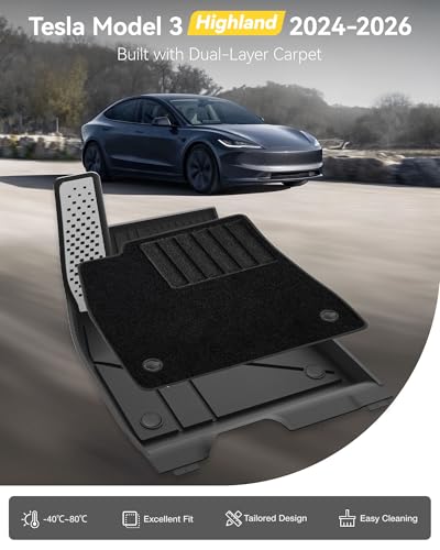 Image of 3W Tesla Model 3 Highland 2024 2025 2026 Floor Mats, Full Set with Carpets | Metal Pedal, Cargo Liner, TPE All Weather, Custom Fit Rear Trunk Mat, Model 3 Accessories, Black, Over 10 Years Lifespan