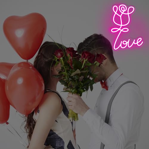 Image of Love Neon Sign, Rose Flower LED Light，For Lovers Gift Photography Background Light Engagement Party Gift Nightlight Love and Rose, Wedding Decoration, 15.7 inchx11.4 inch