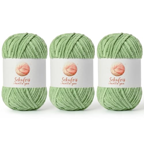 Image of Chenille Yarn for Crocheting, Size 5 Bulky,3 Avocado Green