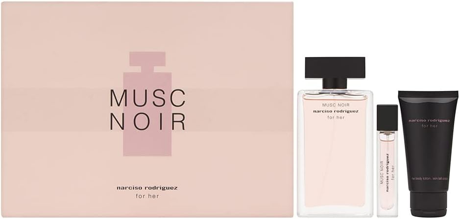 Musc Noir for Her 3 Piece Set Includes: 3.3 oz Eau de Parfum Spray +0.33 oz Eau de Parfum Purse Spray + 1.6 oz Her Body Lotion