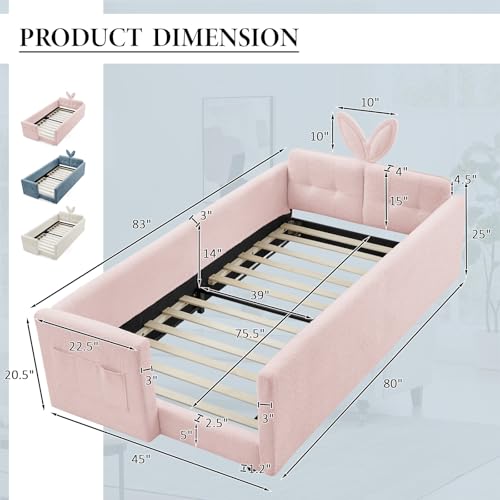 Image of Twin Size Bed Frame for Kids, 83 inch Upholstered Daybed Montessori Platform Floor Bed W /Safety Rails & Storage Pocket Cute Rabbit Ear Shaped Headboard for Girls Boys, Pink