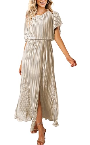 Image of ECOWISH Women Maxi Dresses Cocktail Party Wedding Guest Formal Pleated Long Dress Short Sleeve Slit Empire Waist Evening Gown